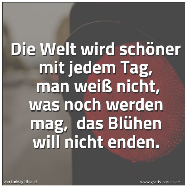 Quadratisches Spruchbild: Die Welt wird schöner mit jedem Tag,  man weiß nicht, was noch werden mag,  das Blühen wil …