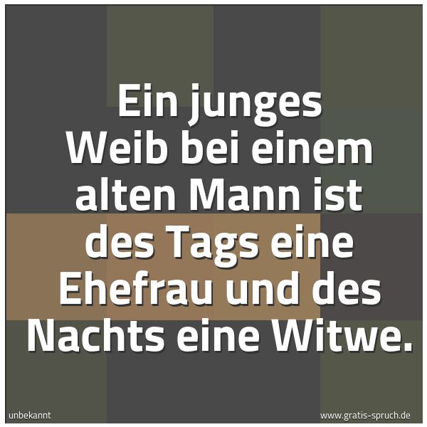 Quadratisches Spruchbild: Ein junges Weib bei einem alten Mann ist des Tags eine Ehefrau und des Nachts eine Witwe.