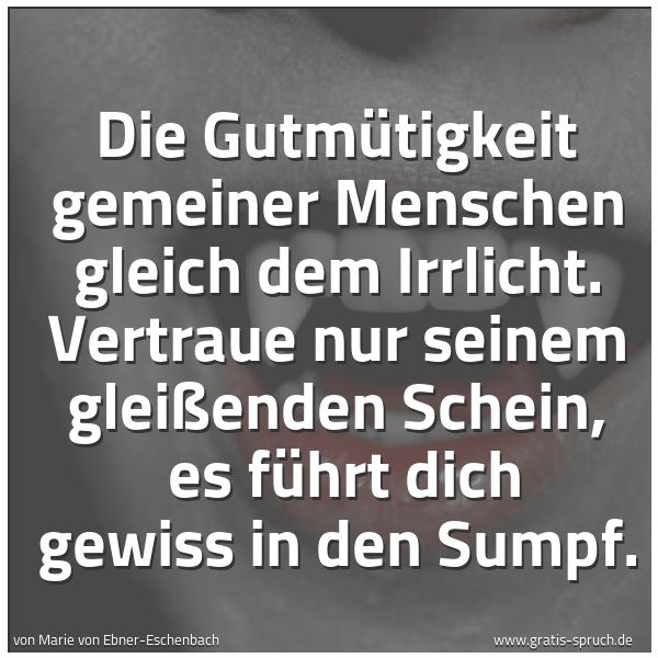 Quadratisches Spruchbild: Die Gutmütigkeit gemeiner Menschen gleich dem Irrlicht. Vertraue nur seinem gleißenden Sch …