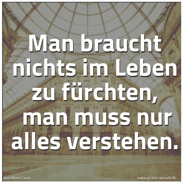 Quadratisches Spruchbild: Man braucht nichts im Leben zu fürchten,  man muss nur alles verstehen.
