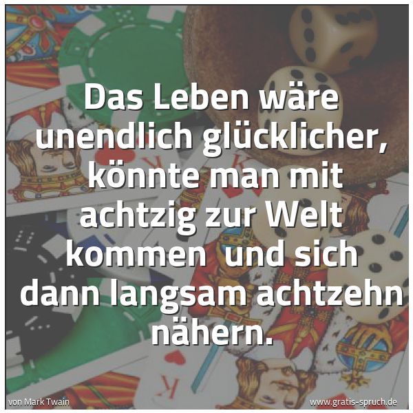 Quadratisches Spruchbild: Das Leben wäre unendlich glücklicher,  könnte man mit achtzig zur Welt kommen  und sich da …