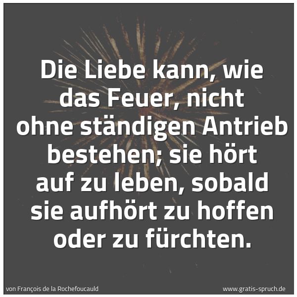 Quadratisches Spruchbild: Die Liebe kann, wie das Feuer, nicht ohne ständigen Antrieb bestehen; sie hört auf zu lebe …