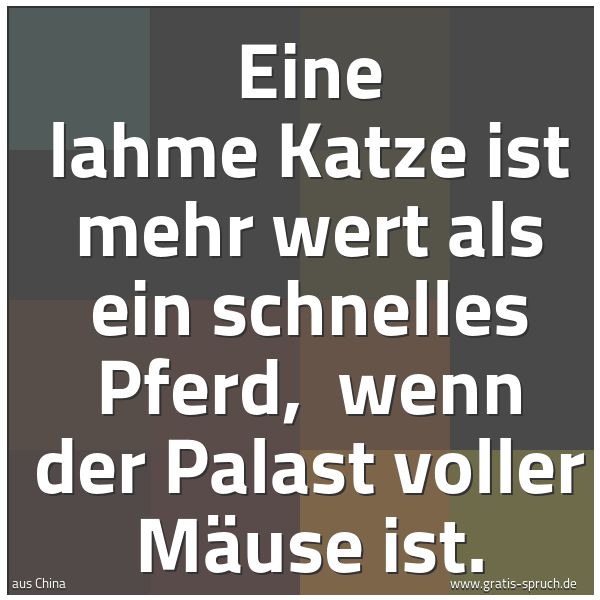 Quadratisches Spruchbild: Eine lahme Katze ist mehr wert als ein schnelles Pferd,  wenn der Palast voller Mäuse ist.