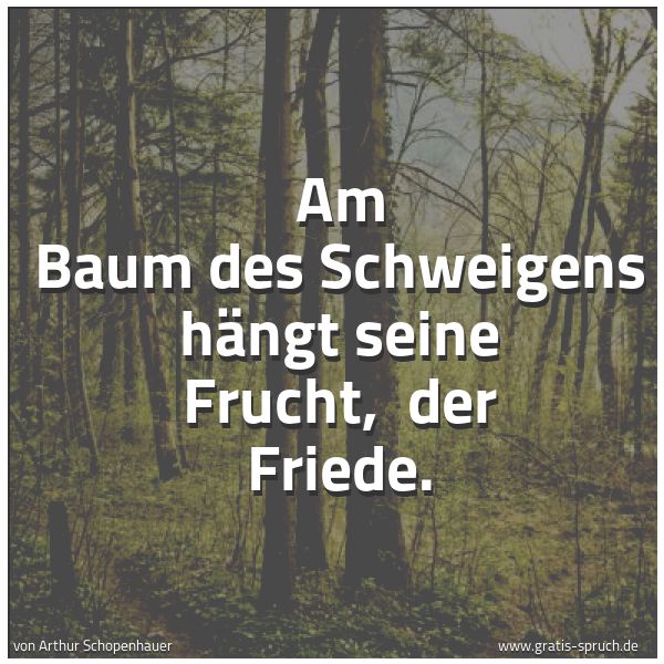 Quadratisches Spruchbild: Am Baum des Schweigens hängt seine Frucht,  der Friede.