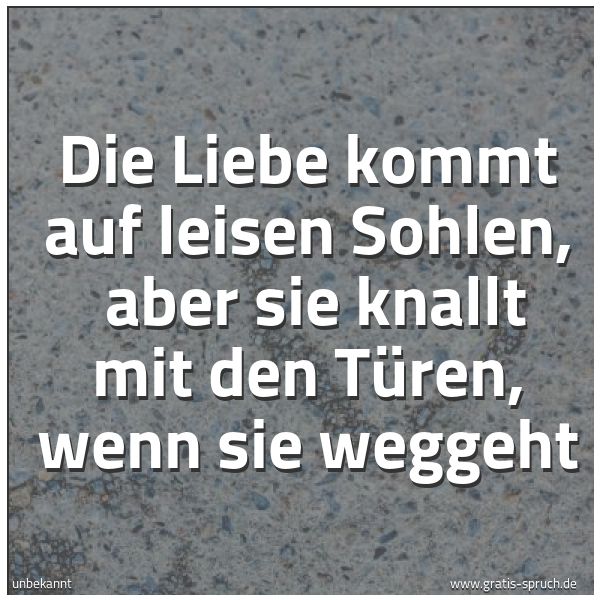 Quadratisches Spruchbild: Die Liebe kommt auf leisen Sohlen,  aber sie knallt mit den Türen, wenn sie weggeht