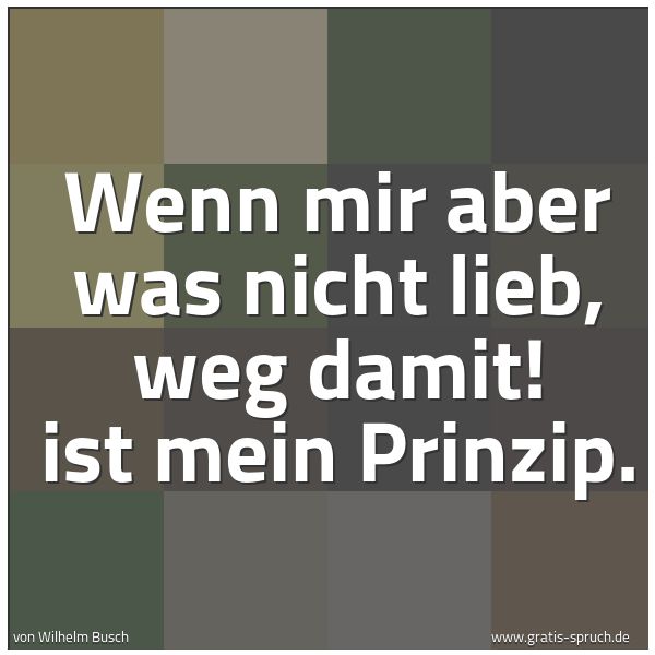Quadratisches Spruchbild: Wenn mir aber was nicht lieb, weg damit! ist mein Prinzip.