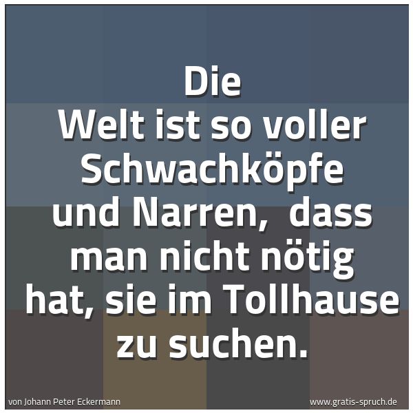 Quadratisches Spruchbild: Die Welt ist so voller Schwachköpfe und Narren,  dass man nicht nötig hat, sie im Tollhaus …