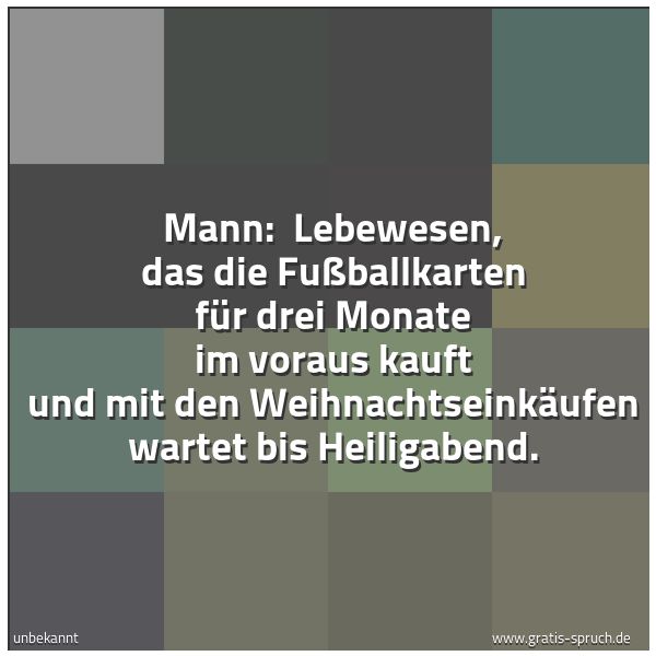 Quadratisches Spruchbild: Mann:  Lebewesen, das die Fußballkarten für drei Monate im voraus kauft und mit den Weihna …