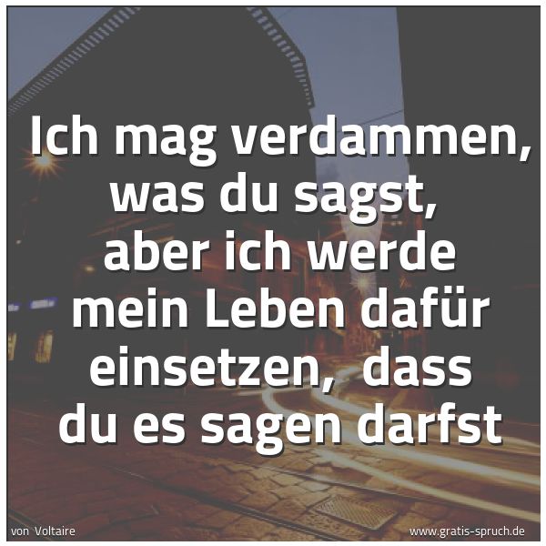 Quadratisches Spruchbild: Ich mag verdammen, was du sagst,  aber ich werde mein Leben dafür einsetzen,  dass du es s …