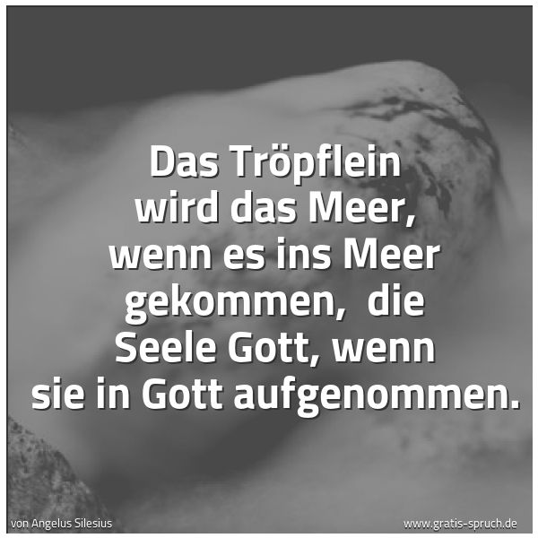Quadratisches Spruchbild: Das Tröpflein wird das Meer, wenn es ins Meer gekommen,  die Seele Gott, wenn sie in Gott  …