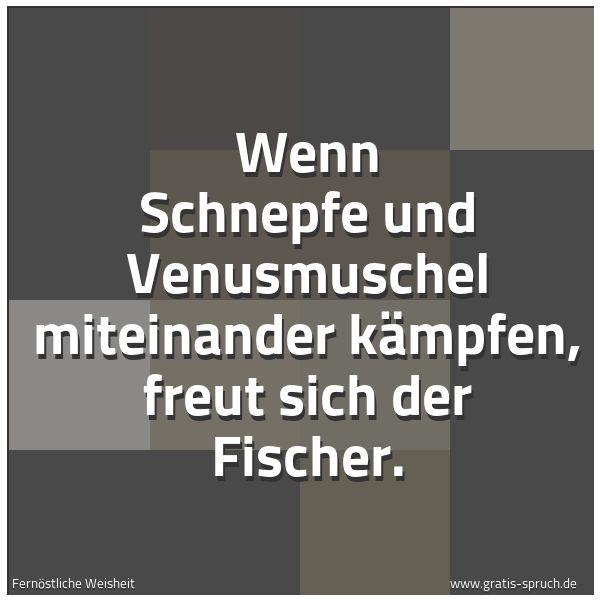 Quadratisches Spruchbild: Wenn Schnepfe und Venusmuschel miteinander kämpfen, freut sich der Fischer.
