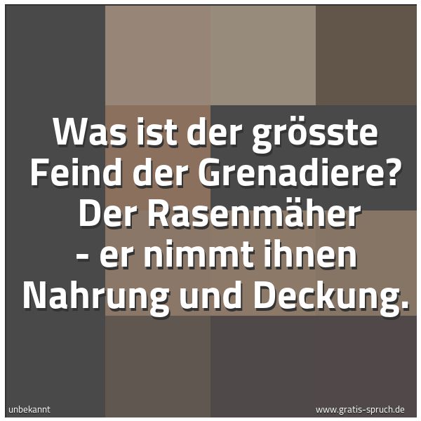 Quadratisches Spruchbild: Was ist der grösste Feind der Grenadiere?  Der Rasenmäher - er nimmt ihnen Nahrung und Dec …