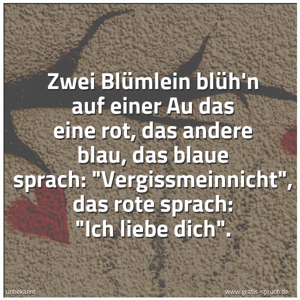 Quadratisches Spruchbild: Zwei Blümlein blüh'n auf einer Au das eine rot, das andere blau, das blaue sprach: "Vergis …