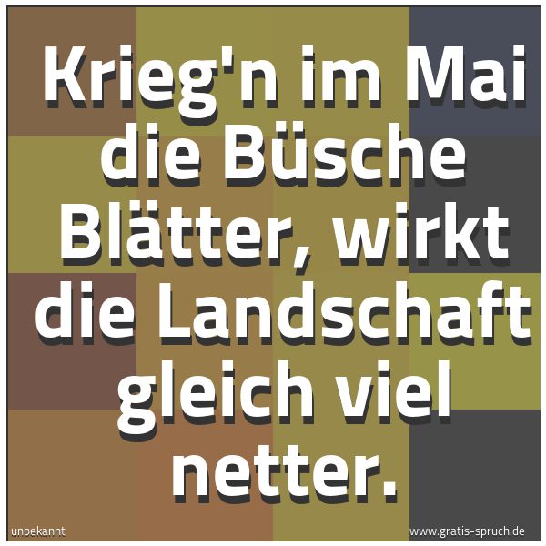 Quadratisches Spruchbild: Krieg'n im Mai die Büsche Blätter, wirkt die Landschaft gleich viel netter.