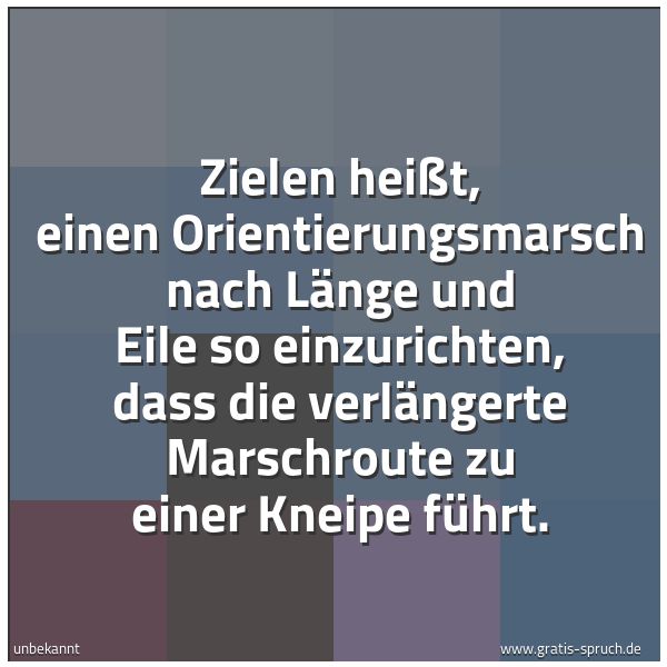 Quadratisches Spruchbild: Zielen heißt, einen Orientierungsmarsch nach Länge und Eile so einzurichten, dass die verl …
