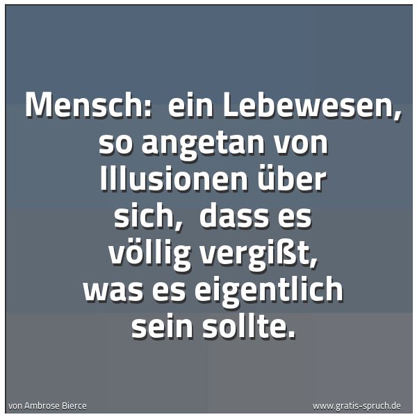 Quadratisches Spruchbild: Mensch:  ein Lebewesen, so angetan von Illusionen über sich,  dass es völlig vergißt, was  …