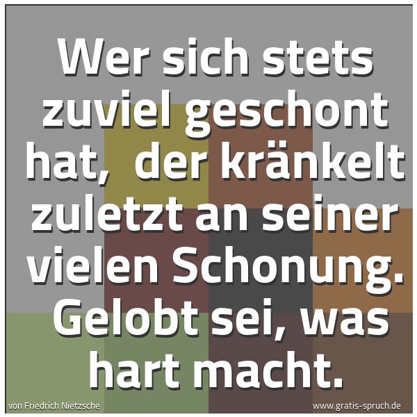 Quadratisches Spruchbild: Wer sich stets zuviel geschont hat,  der kränkelt zuletzt an seiner vielen Schonung.  Gelo …